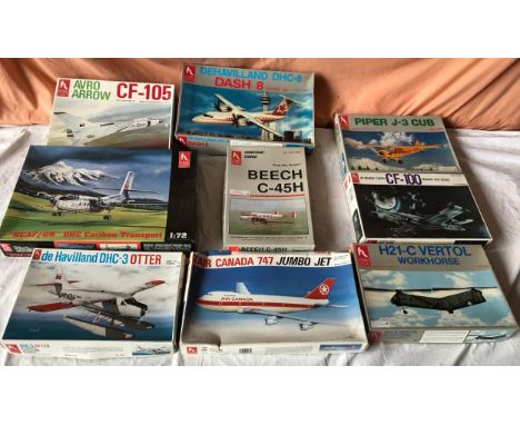 Selection of 9 Hobbycraft Aircraft model kits HC 2393 Vertol H21-C Workhorse, HC 1586 Piper J-3 CUB, HC 1391 All Weather Figh