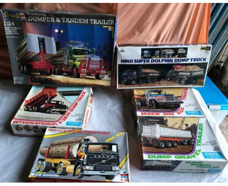 Large model kit trucks selection of 6 various models, Revell 07556 Kenworth Dumper and Tandem Trailer, ESCI S 306 Snap Togeth