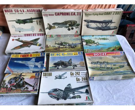 Italeri model kit aircraft selection of 11 assorted Military. 1/72 scale.Condition ReportAll boxed, non assembled.