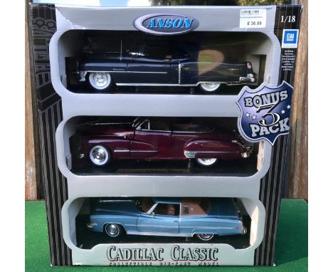 A boxed set of x3 Anson 1/18 scale precision Cadillac classic collectable diecast model cars to include a 1947 Series 62, 195