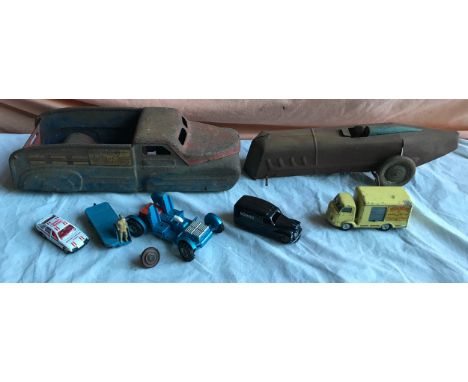 Tin plate &amp; diecast model vehicles, tinplate Arrow Special Delivery Truck &amp; tinplate race car, Corgi Karrier Bantam L