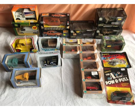 23 assorted diecast model vehicles of mixed makes, 8 x Cararama, 7 x ERTL including two bubble carded models, A Team and Airw