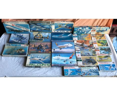 Hasegawa model kit aircraft selection of 24 assorted Military and Commercial airplanes. 1/72 scale including aircraft weapons