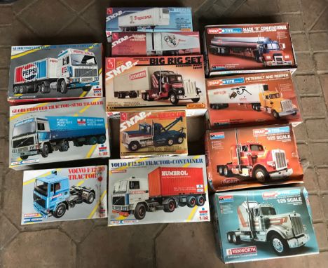 A selection of 11 kit model trucks including Monogram Mac 'R' Conventional Tanker 1305, Peterbilt and reefer 1302, Peterbilt 