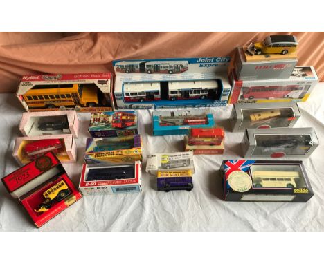 Diecast model buses collection, 16 assorted models, various makes, Nylint Metal Muscle School Bus set, Compact Volvo, Lone St