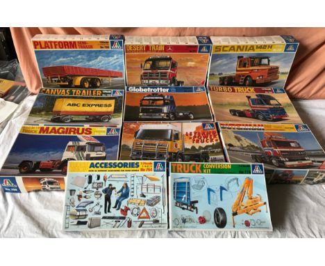 Collection of 11 model Italeri kit trucks &amp; accessories to include 764 Truck Shop Accessories, 776 Truck Conversion kit, 