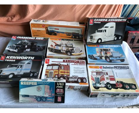 ERTL and Matchbox AMT model kit truck x 9 models, Matchbox PK 6106 Kenworth K-123 Cabover, PK 6606 Freuhauf Tanker, PK 6124 G