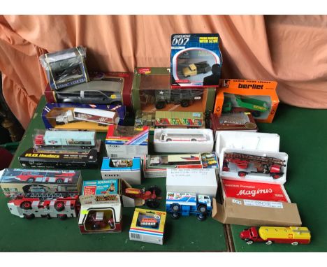 Selection of 21 assorted diecast model trucks, tractors, fire engine, various makes, Lone Star, Corgi, Berliet, Diano, ERTL, 