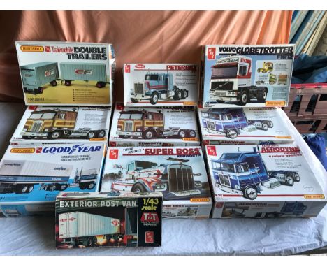 Matchbox model kit trucks, A.M.T. PK 8401 Double Trailers, PK 6106 x 2 Kenworth K-123 Cabover, PK 7102 Kenworth K-123 Truck a