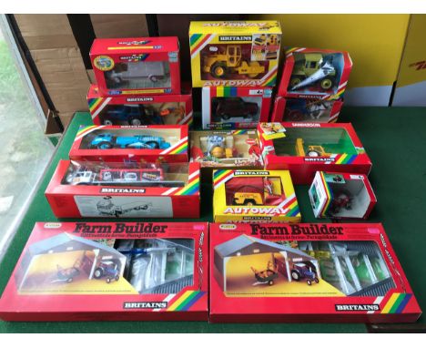 Britains diecast model vehicles, boxed. 9598 Ford Tractor, 00233B Transit, 9480 Land Rover, 9818 Road Roller, 9499 Tumbrel Ca