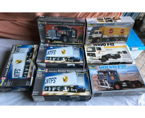 Revell model kit trucks selection of 7 models to include 7427 Volvo F12 Australia, H7405 Volvo F12, 7430 DAF 3300 Transporter