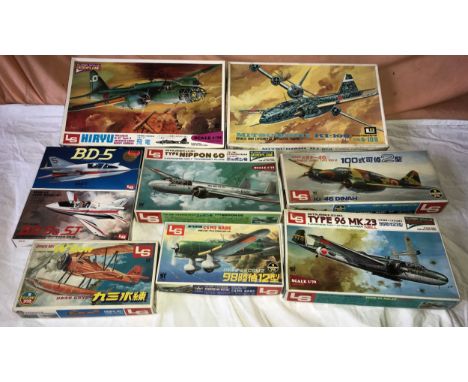 Collection of 9 LS model aircraft kits, Japanese aircraft 1/72 scale, boxed including Hiryu Mitsubishi KI-67, Mitsubishi Ki-1