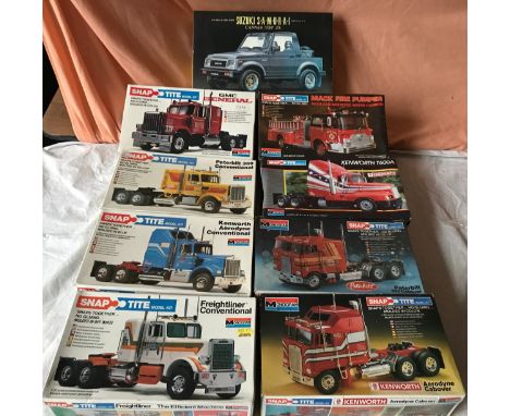 Snap Tite model kits, Trucks, 8 Monogram Trucks 1:32 scale and one Fujimi Suzuki Samurai Canvas Top JX.Condition ReportAll bo
