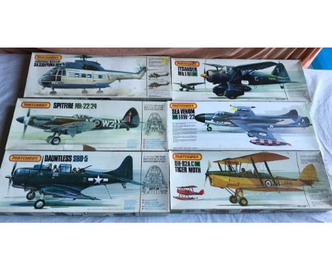 Matchbox scale model Military Aircraft kits, 6 models, PK 501, Spitfire MK22, PK 503 Douglas Dauntless, PK 504 Westland Lysan