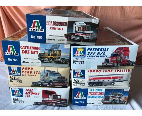 Italeri model kit trucks, 1:24 scale, 7 modes, No. 725 Jumbo Tank Trailer, 730 Ford Aeromax 120, 728 Ford 9000 LTL, 740 Peter