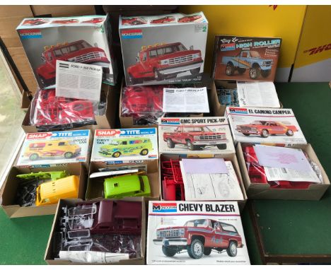 Monogram model kits, 1:24 scale, 2 x Ford F350 Duallie pickups, Snap Tite Dodge Van and Chevy Van, GMC Sport Pickup, Chevy Hi