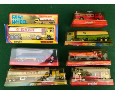 Collection of boxed diecast vehicles from Playart including a 2x Shell Tanker, BP Tanker, 2x Fire Trucks, one other truck. In