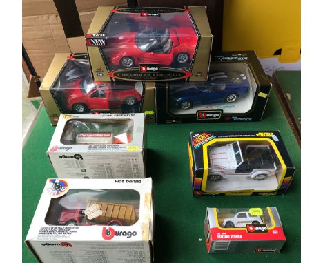 Burago diecast metal model vehicles, 1:18 scale Chevrolet Corvette Convertible 1998, Dodge Viper GTS Coupe, Ford SVT F150 Lig