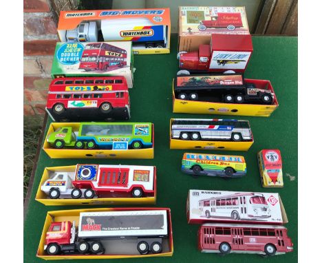 Collection of tin plate model vehicles, Buddy. L552 E, Big Truck 552 I, Big Rig Semi, 570 Circus Trailer, 601 Shark Tank Trai