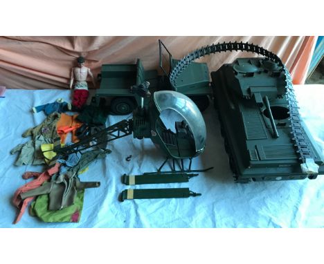 Action Man Toys, Jeep, Helicopter, Tank Clothing &amp; one Action Figure.Condition ReportPlayworn, figure missing hands, tank