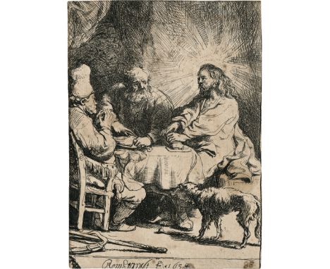 Rembrandt Harmensz. van Rijn -- Christus in Emmaus (Kleine Platte). Radierung. 9,5 x 6,8 cm. 1634. B. 88, White/Boon (Hollste