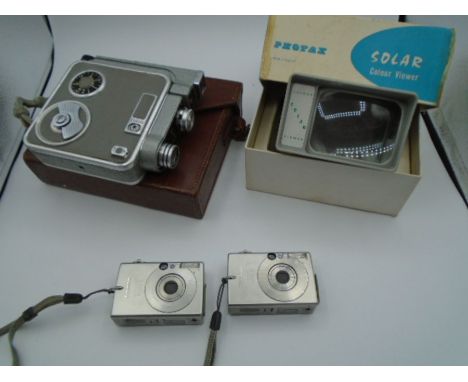 Admira 8 meopta 8mm cinefim camera in original case, solar view finder in original box, 2 x canon digital ixus II camera's an