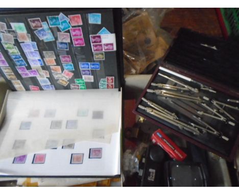 collector items to include stamps (album and mixed countries) compass set, rail track