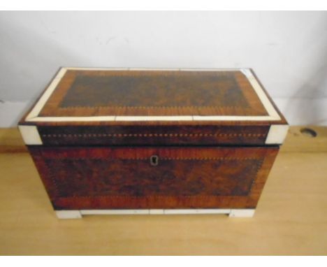 Burr walnut tea caddy with bone inlay, no liners