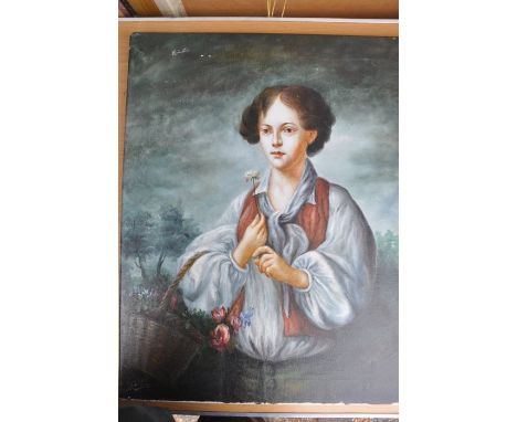 oil on canvas portrait of a boy with flower basket signed bottom right L. Williams unframed 51.5 x 61.5cm 
