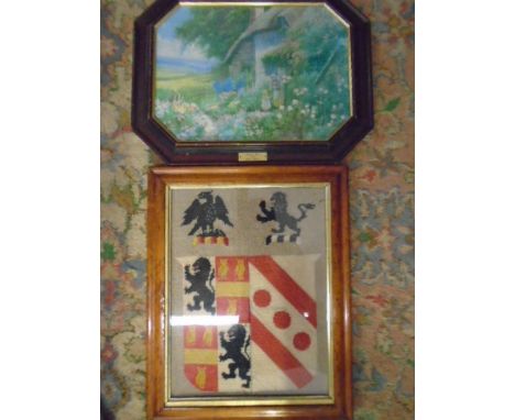 Arthur Wilkinson oil print 'picking flowers' and stitchwork of heraldic shield