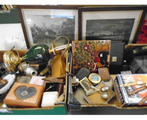 silver caddy spoon, watches, compacts, cigarette case, felixtowe beach prints, maps, puzzles  etc 3 boxes of mixed items