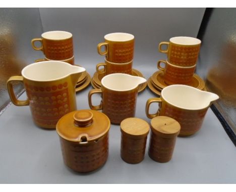 Hornsea 'Saffron' part set comprising 6 cups and saucers, 3 cake plates, 3 jugs, sauce pot and s&amp;p pots