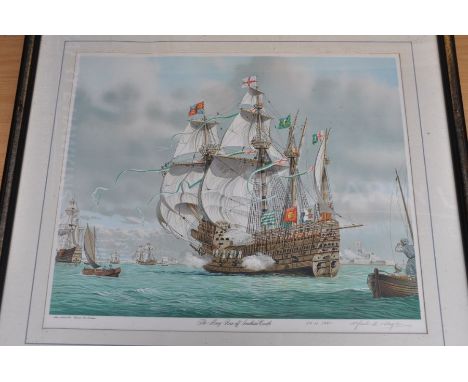 After Mark R Myers RSMA - a pair of pictures of The Ark Royal engages the Spanish Flagship 70.5 x 60.5 cm framed and The Mary