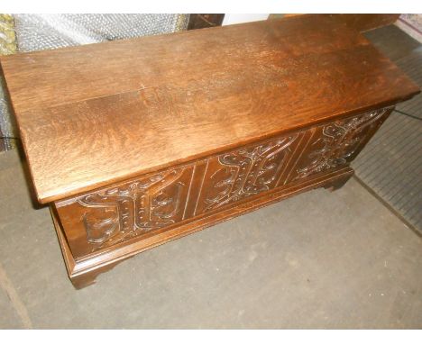 Vintage Oak Trunk with carved design to front 94 x 37 cm 47 cm tall