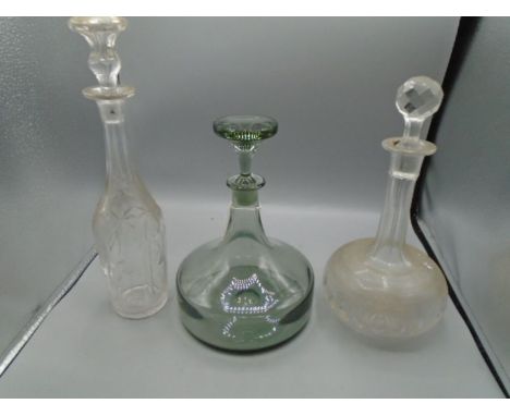 ships decanter, 2 other decanters and a box of glass ware to include champagne glasses and votive vase set