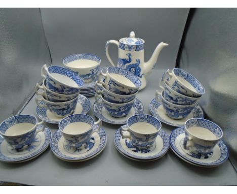 'Yuan' Wood and Sons blue and white part tea set comprising of a teapot, 7 cake plates, 3 saucers with 9 large cups and 3 min