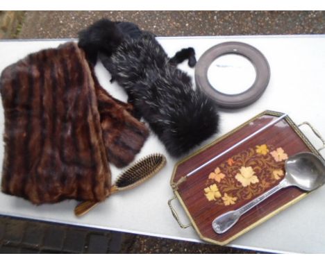 2 real fur stoles, a mirror, brush, tray and spoon