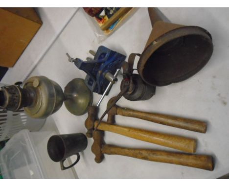 Record no 5 junior vice, oil can, funnels, 3 hammers, an oil lamp and copper cup