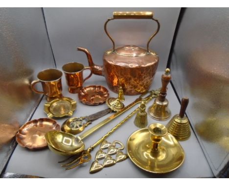 Copper and brass items to include copper kettle and cups, brass belss, horse brass etc