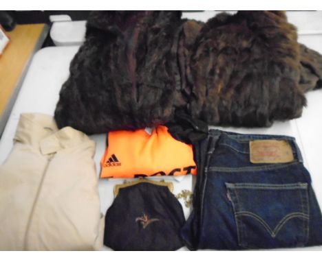 Levi 501 jeans, 2 fur coats, handbag, adidas football shirt, Teddy Smith coat etc