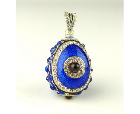 Blue enamel egg shaped drop pendant, with guilloche ground and set with 'jewels', 4cm l.