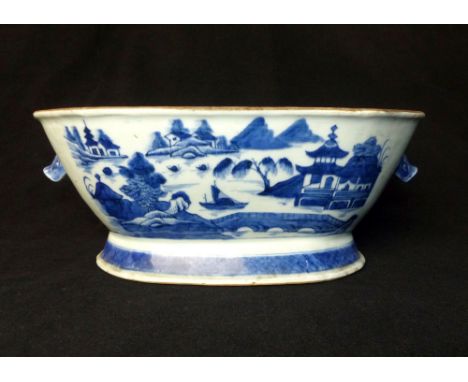 Chinese 20th C octagonal planter, pig snout handles, blue and white landscape with boats, 31cm max w 