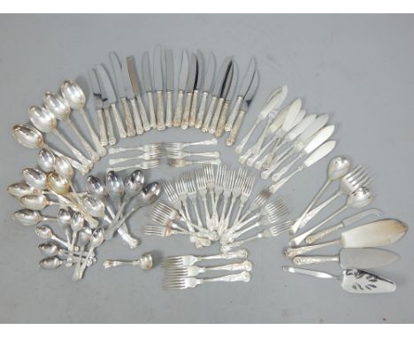 Part canteen of silver plated Kings pattern flatware and a pair of associated salad servers 