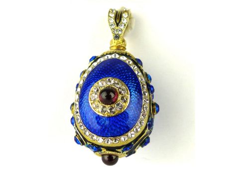 Blue enamel egg shaped drop pendant, with guilloche ground and set with 'jewels', 4cm l.