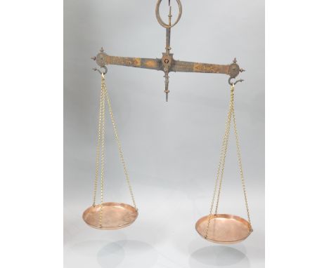 De Grave Short & Co Ltd. iron beam balance scales with copper pans, 72cm w