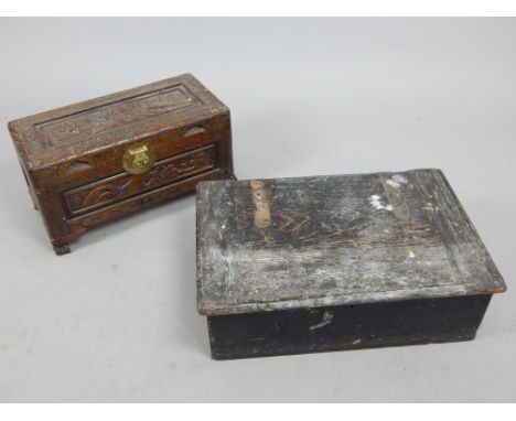 Small Asian carved camphor wood chest, the panels depicting birds, 53cm w, together with a tool chest, (2)