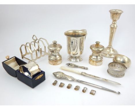 Silver christening mug, Birmingham 1919, together with other silver items including a pepper and salt grinder, toast rack, pa