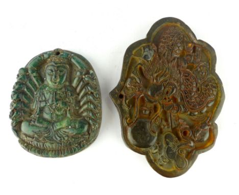 Two Chinese jade pendants, spinach green carving of Marici (Molizhitan), goddess of light and sun, and brown carving of drago