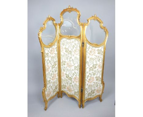 Louis XVI design giltwood three fold dressing screen with part glazed tapestry panels 165 cm H