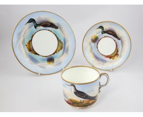 Late 19th century Worcester style trio set, decorated with seabirds.